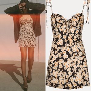 Reformation Par Black Daisy Print Mini Dress with White and Orange Flowers